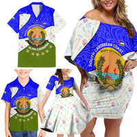 Nicaragua South Caribbean Coast Family Matching Off Shoulder Short Dress and Hawaiian Shirt with Regional Seal and Ocean Shell Pattern Alma Caribeña Design - Wonder Print Shop