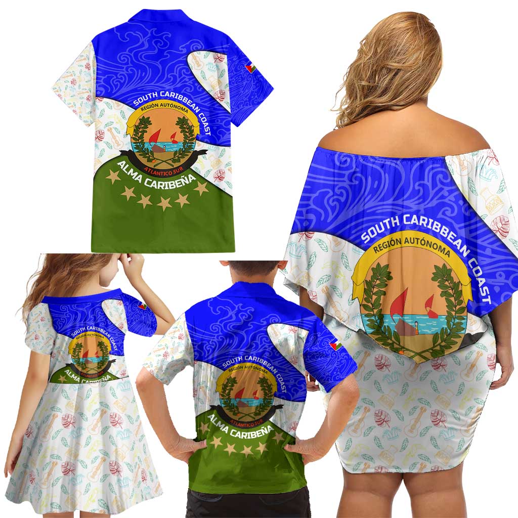 Nicaragua South Caribbean Coast Family Matching Off Shoulder Short Dress and Hawaiian Shirt with Regional Seal and Ocean Shell Pattern Alma Caribeña Design - Wonder Print Shop