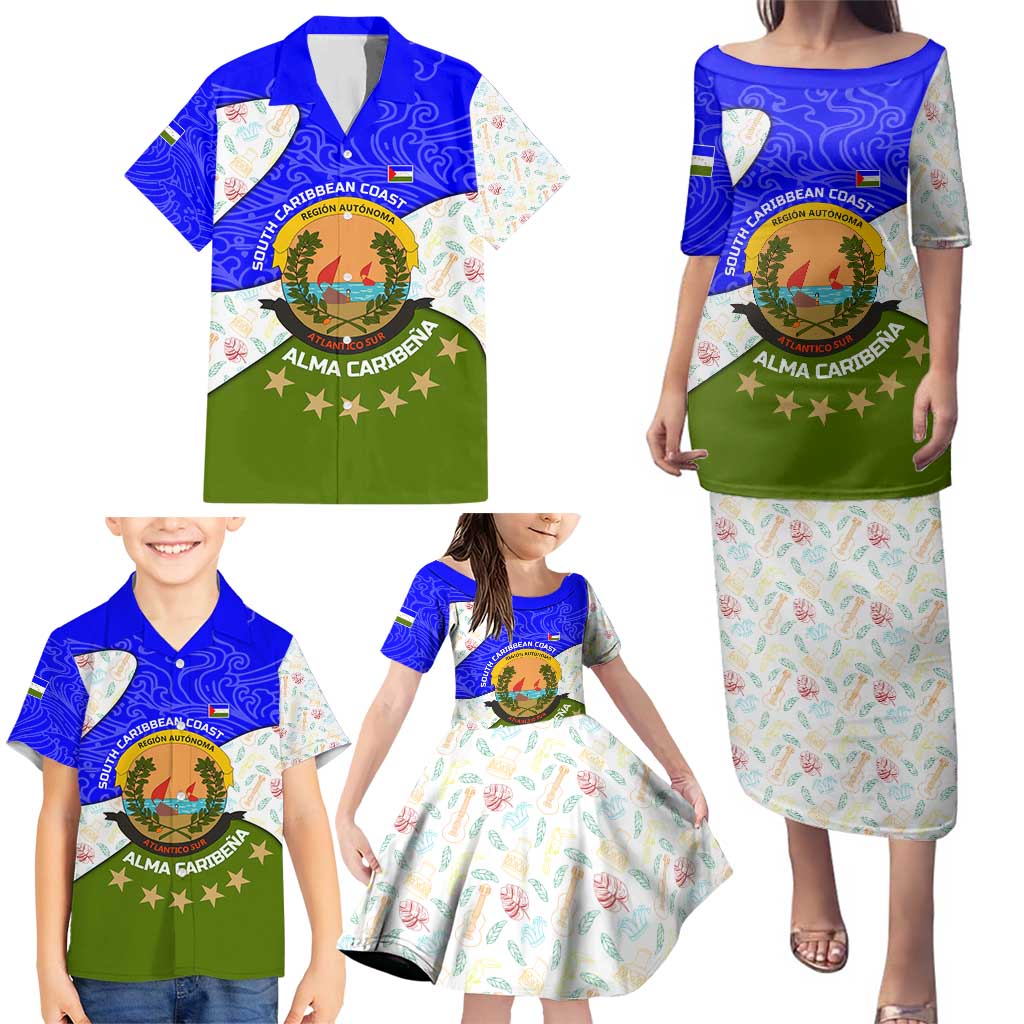 Nicaragua South Caribbean Coast Family Matching Puletasi and Hawaiian Shirt with Regional Seal and Ocean Shell Pattern Alma Caribeña Design - Wonder Print Shop