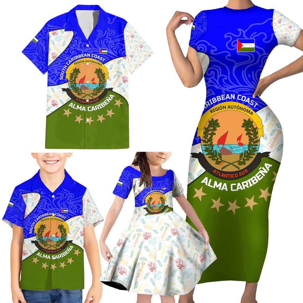 Nicaragua South Caribbean Coast Family Matching Short Sleeve Bodycon Dress and Hawaiian Shirt with Regional Seal and Ocean Shell Pattern Alma Caribeña Design - Wonder Print Shop