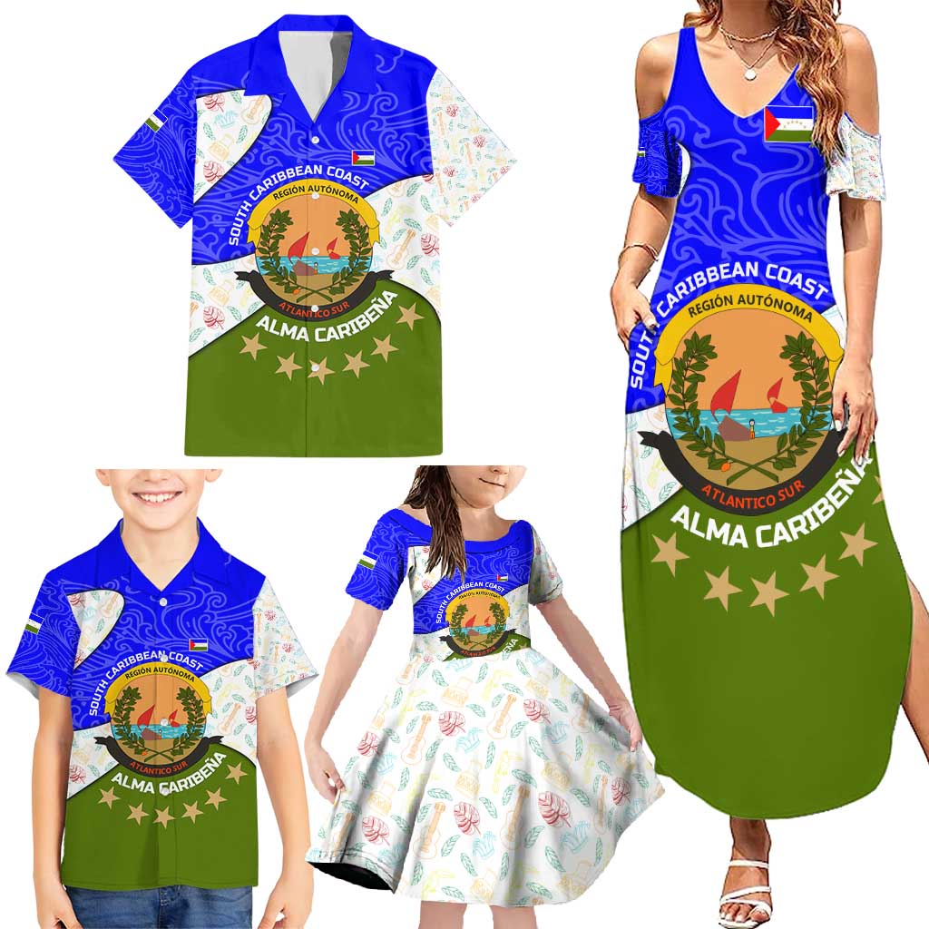 Nicaragua South Caribbean Coast Family Matching Summer Maxi Dress and Hawaiian Shirt with Regional Seal and Ocean Shell Pattern Alma Caribeña Design - Wonder Print Shop