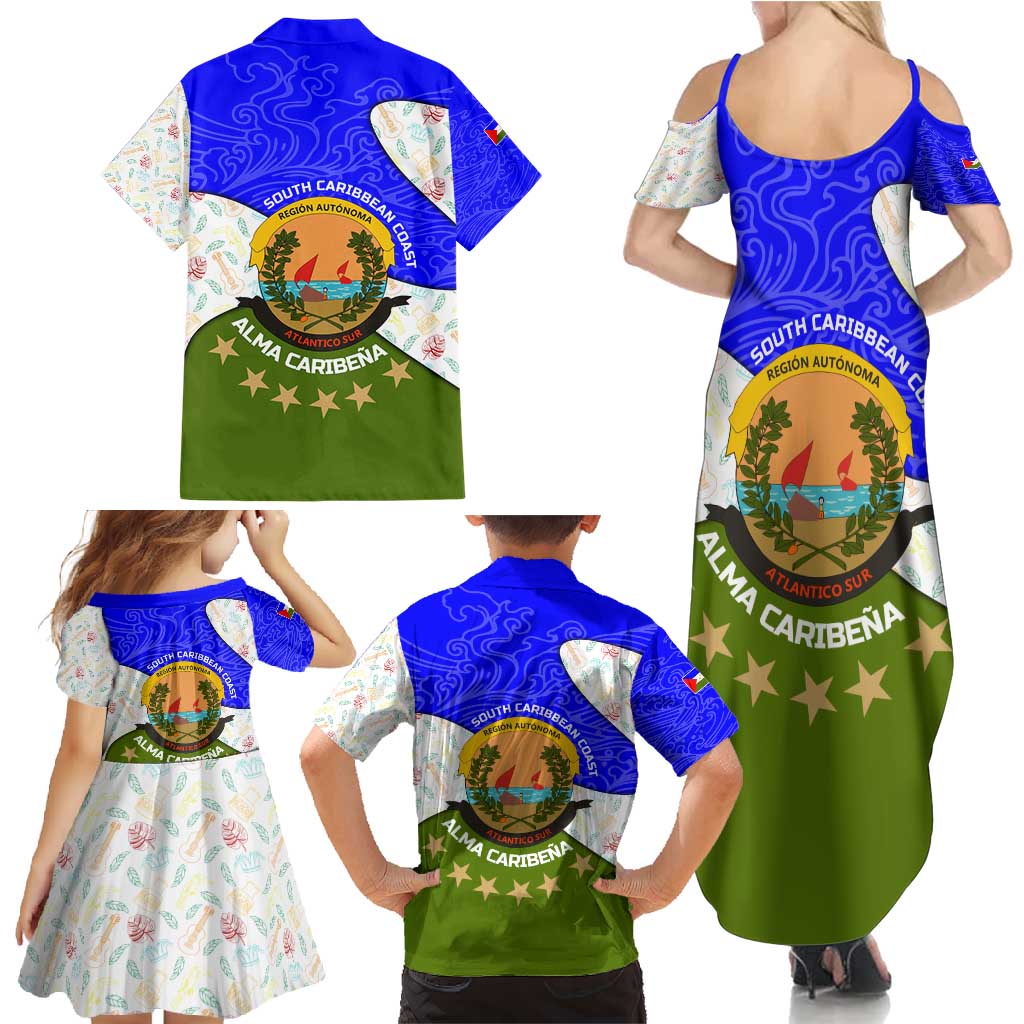 Nicaragua South Caribbean Coast Family Matching Summer Maxi Dress and Hawaiian Shirt with Regional Seal and Ocean Shell Pattern Alma Caribeña Design - Wonder Print Shop