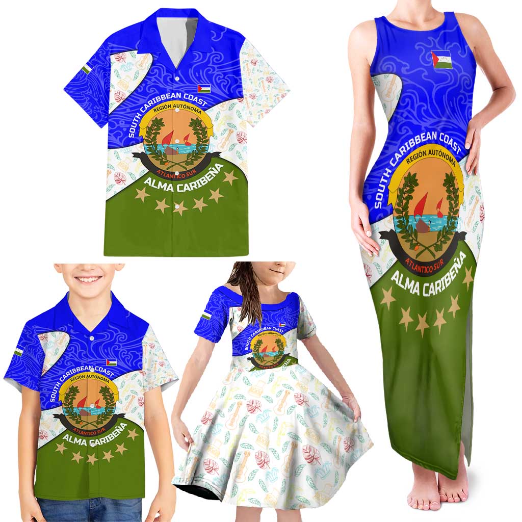 Nicaragua South Caribbean Coast Family Matching Tank Maxi Dress and Hawaiian Shirt with Regional Seal and Ocean Shell Pattern Alma Caribeña Design - Wonder Print Shop