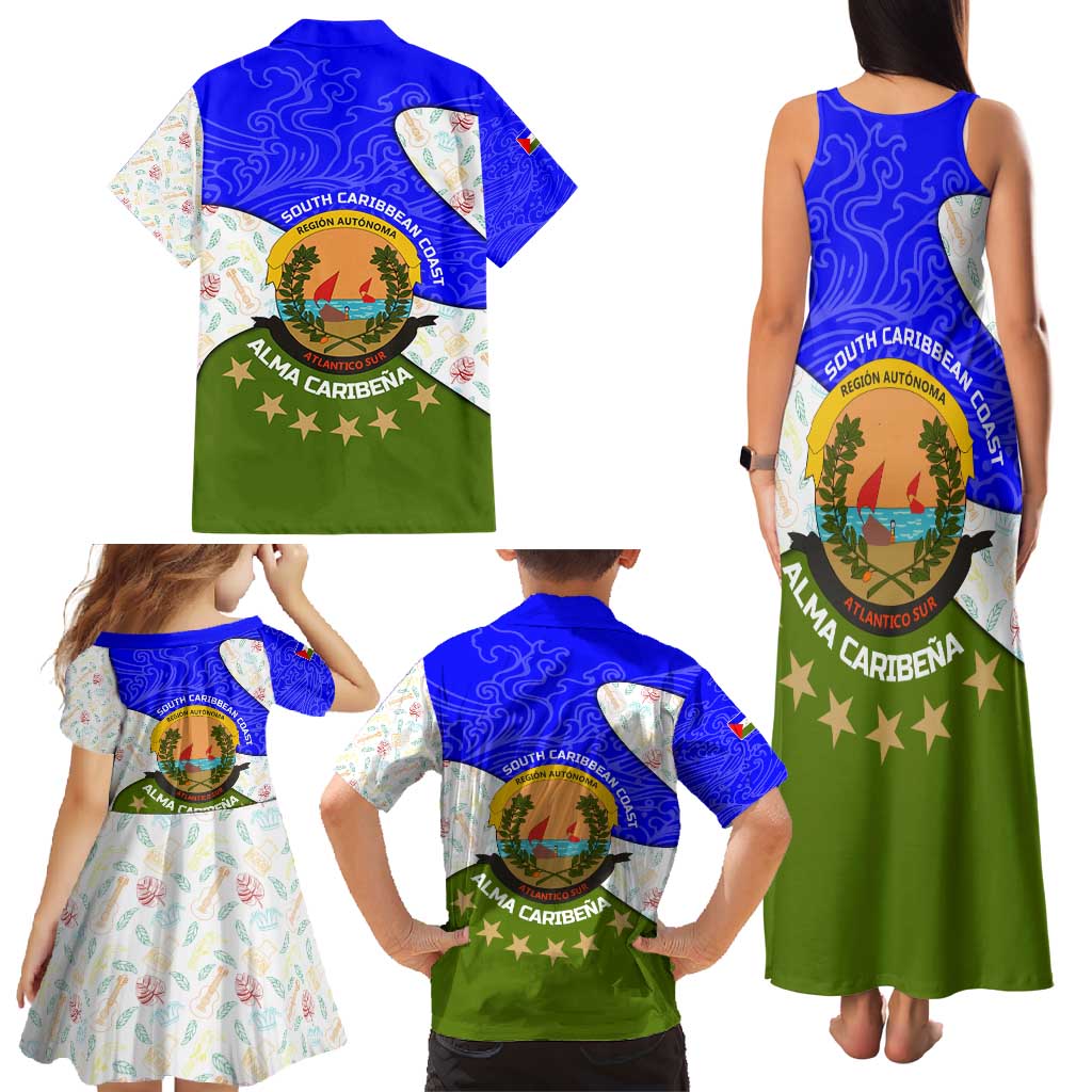 Nicaragua South Caribbean Coast Family Matching Tank Maxi Dress and Hawaiian Shirt with Regional Seal and Ocean Shell Pattern Alma Caribeña Design - Wonder Print Shop