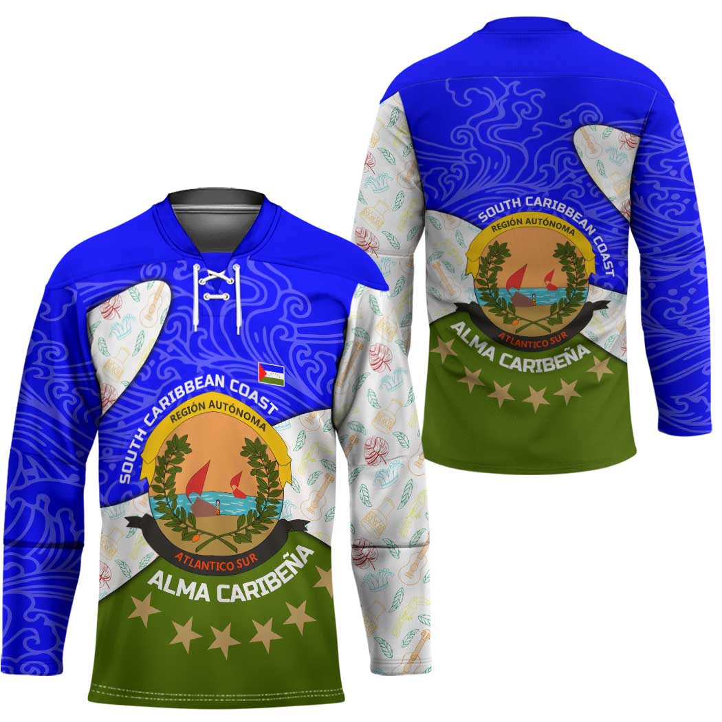 Nicaragua South Caribbean Coast Hockey Jersey with Regional Seal and Ocean Shell Pattern Alma Caribeña Design - Wonder Print Shop