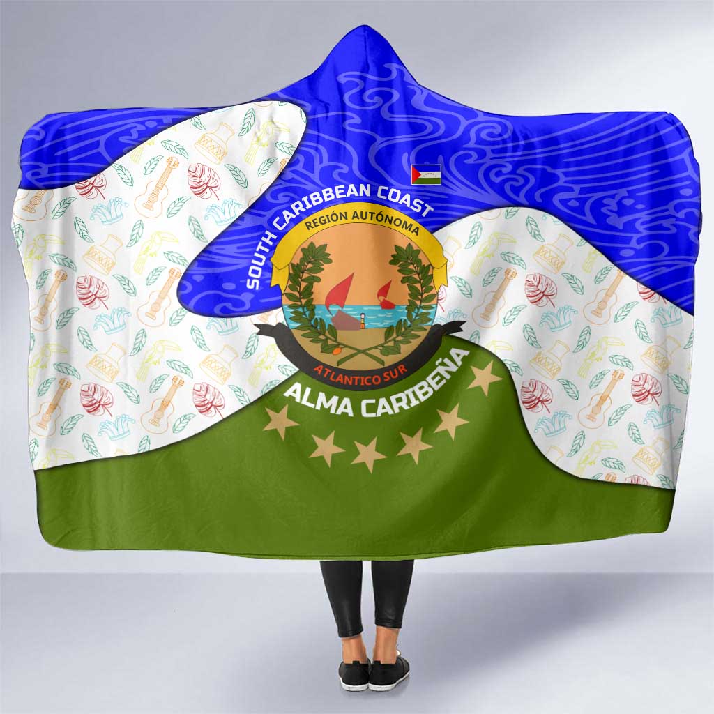 Nicaragua South Caribbean Coast Hooded Blanket with Regional Seal and Ocean Shell Pattern Alma Caribeña Design - Wonder Print Shop