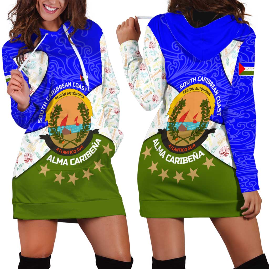 Nicaragua South Caribbean Coast Hoodie Dress with Regional Seal and Ocean Shell Pattern Alma Caribeña Design - Wonder Print Shop