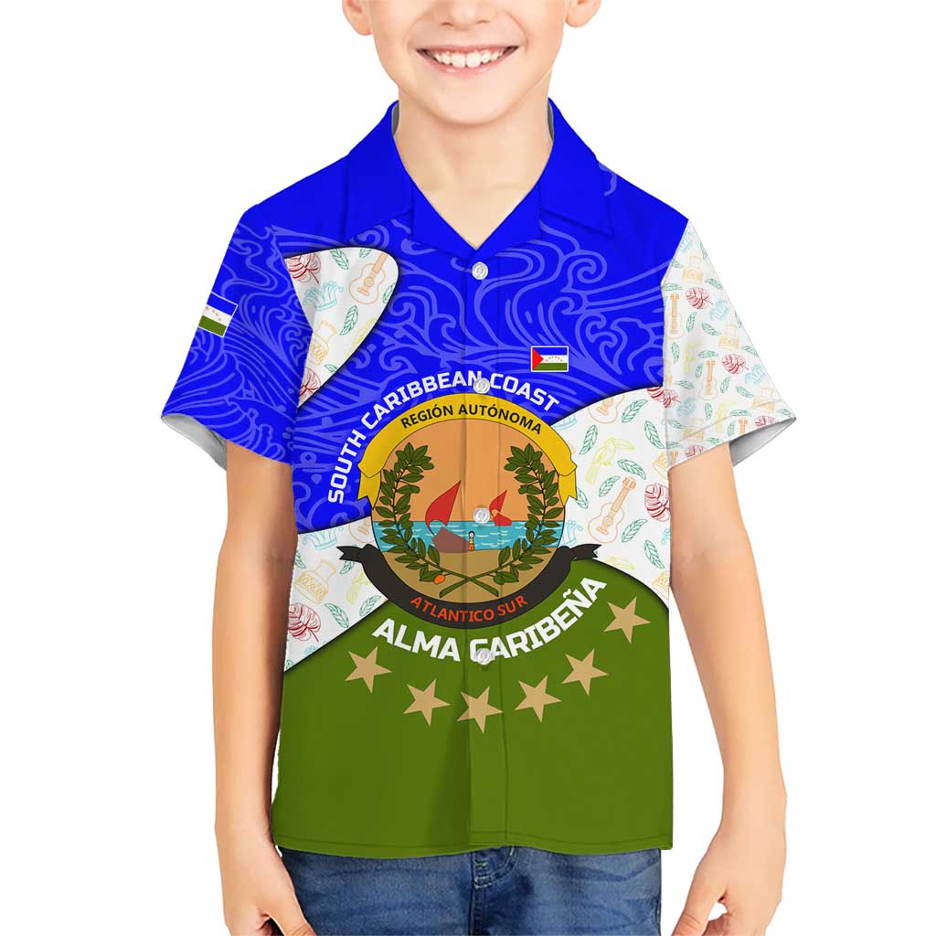 Nicaragua South Caribbean Coast Kid Hawaiian Shirt with Regional Seal and Ocean Shell Pattern Alma Caribeña Design - Wonder Print Shop