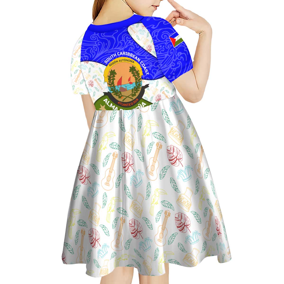 Nicaragua South Caribbean Coast Kid Short Sleeve Dress with Regional Seal and Ocean Shell Pattern Alma Caribeña Design - Wonder Print Shop