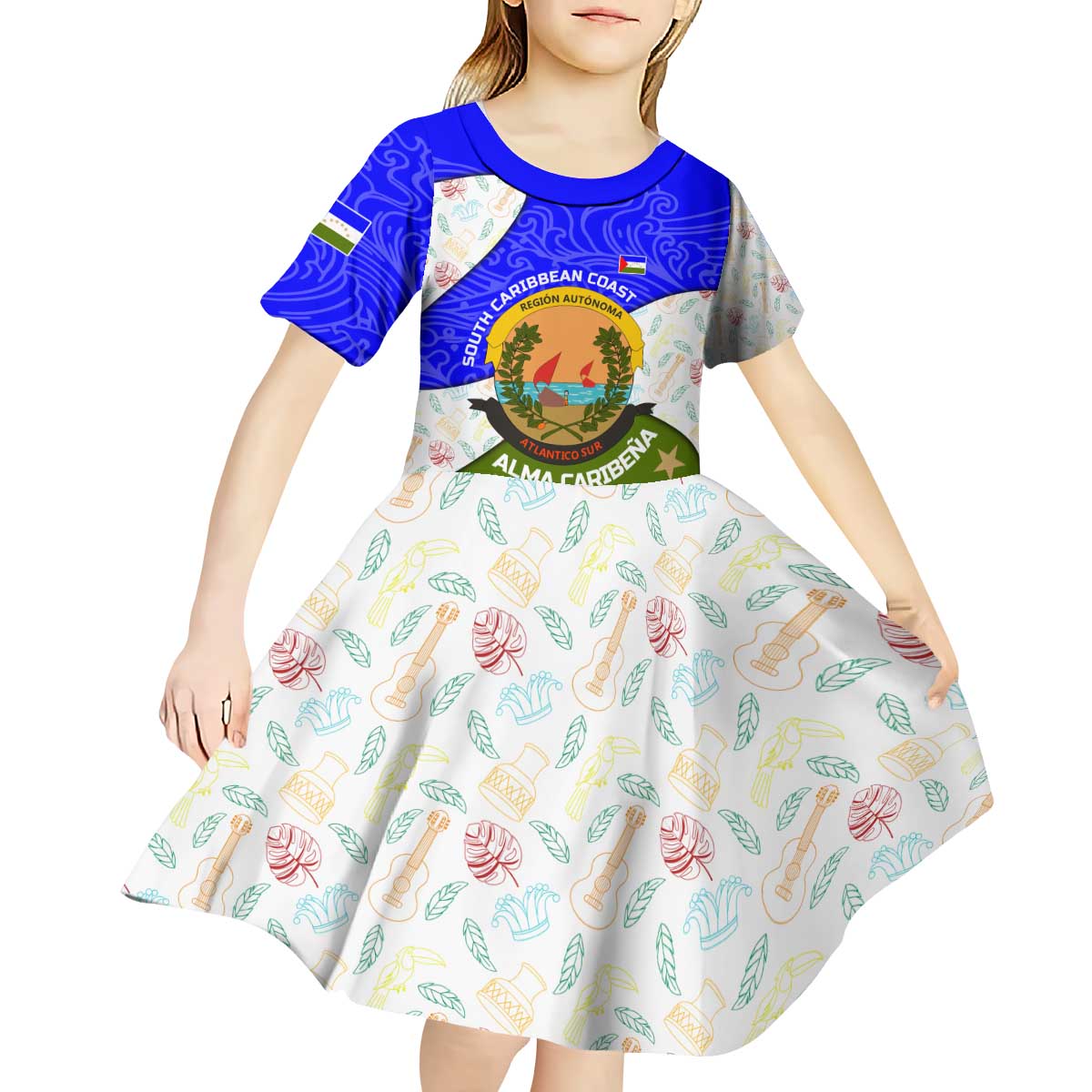 Nicaragua South Caribbean Coast Kid Short Sleeve Dress with Regional Seal and Ocean Shell Pattern Alma Caribeña Design - Wonder Print Shop