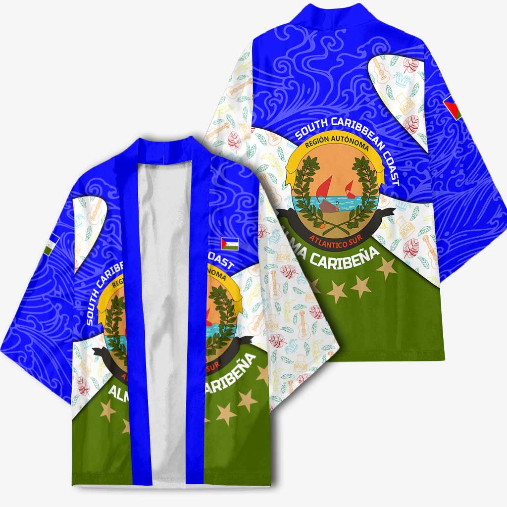 Nicaragua South Caribbean Coast Kimono with Regional Seal and Ocean Shell Pattern Alma Caribeña Design - Wonder Print Shop