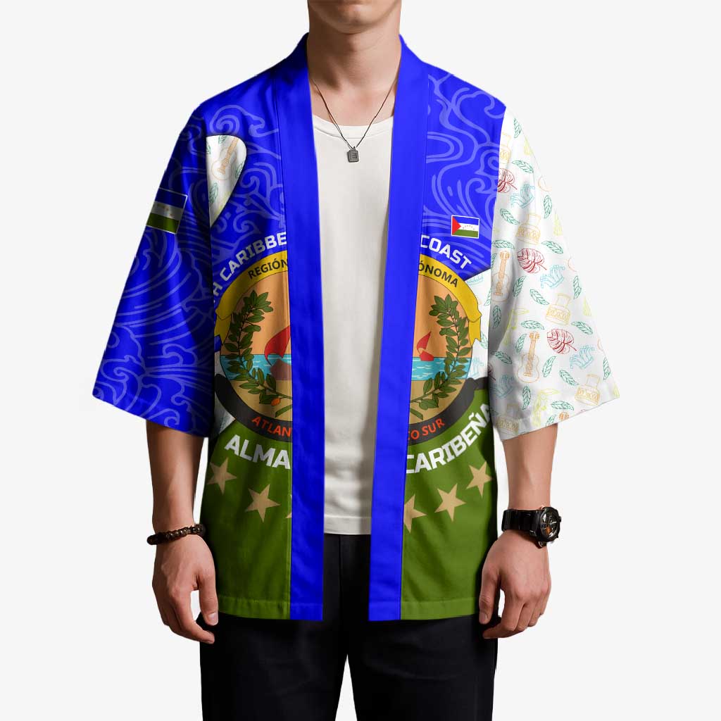 Nicaragua South Caribbean Coast Kimono with Regional Seal and Ocean Shell Pattern Alma Caribeña Design - Wonder Print Shop