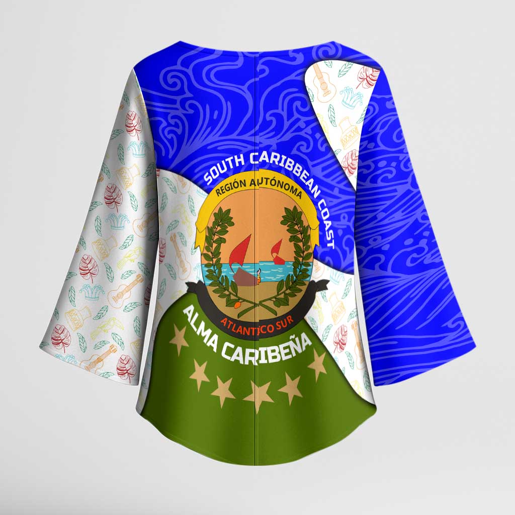Nicaragua South Caribbean Coast Kimono Sleeve Blouse with Regional Seal and Ocean Shell Pattern Alma Caribeña Design - Wonder Print Shop
