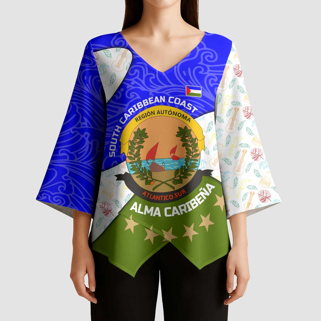 Nicaragua South Caribbean Coast Kimono Sleeve Blouse with Regional Seal and Ocean Shell Pattern Alma Caribeña Design - Wonder Print Shop