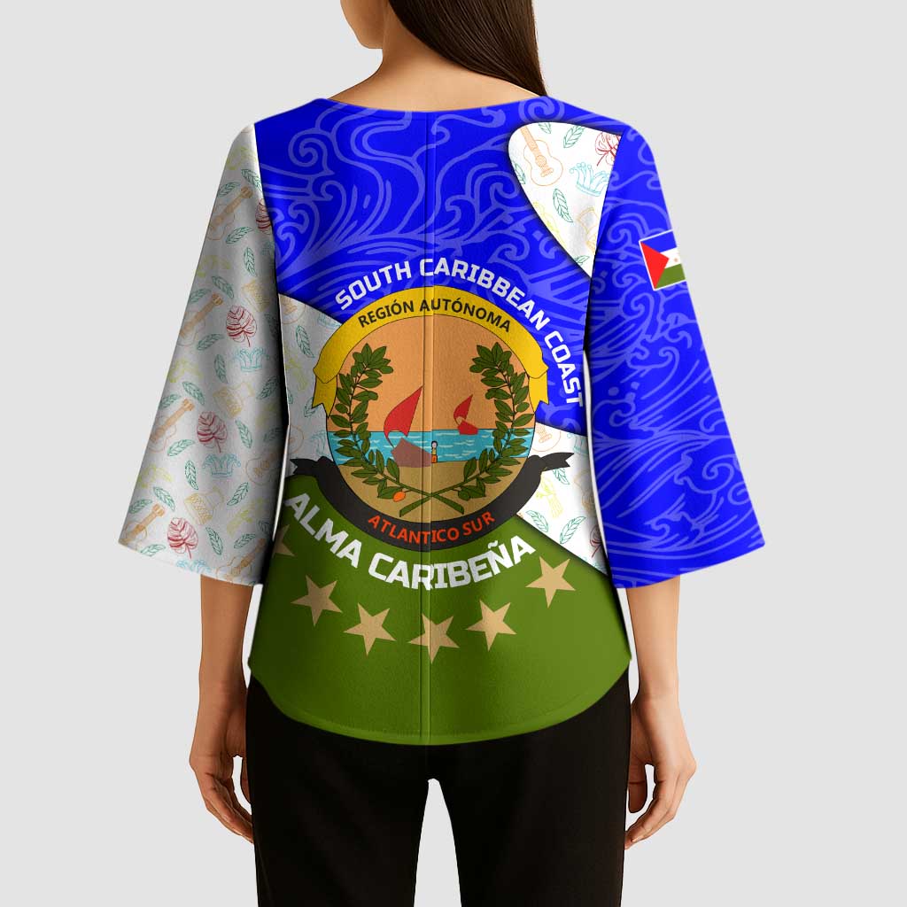 Nicaragua South Caribbean Coast Kimono Sleeve Blouse with Regional Seal and Ocean Shell Pattern Alma Caribeña Design - Wonder Print Shop