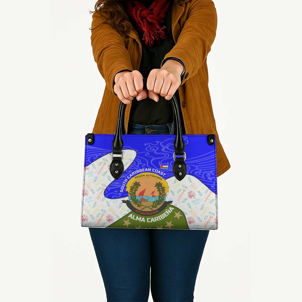 Nicaragua South Caribbean Coast Leather Bag with Regional Seal and Ocean Shell Pattern Alma Caribeña Design - Wonder Print Shop