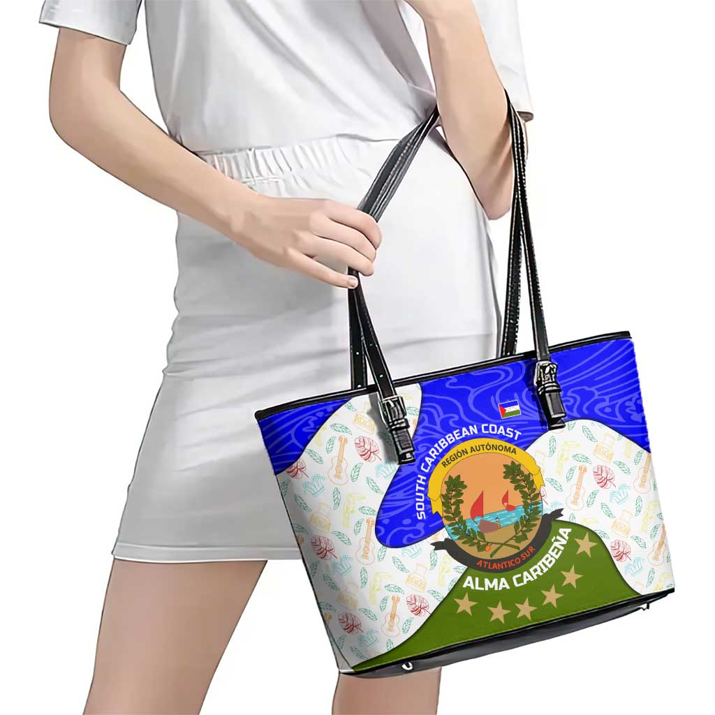 Nicaragua South Caribbean Coast Leather Tote Bag with Regional Seal and Ocean Shell Pattern Alma Caribeña Design - Wonder Print Shop