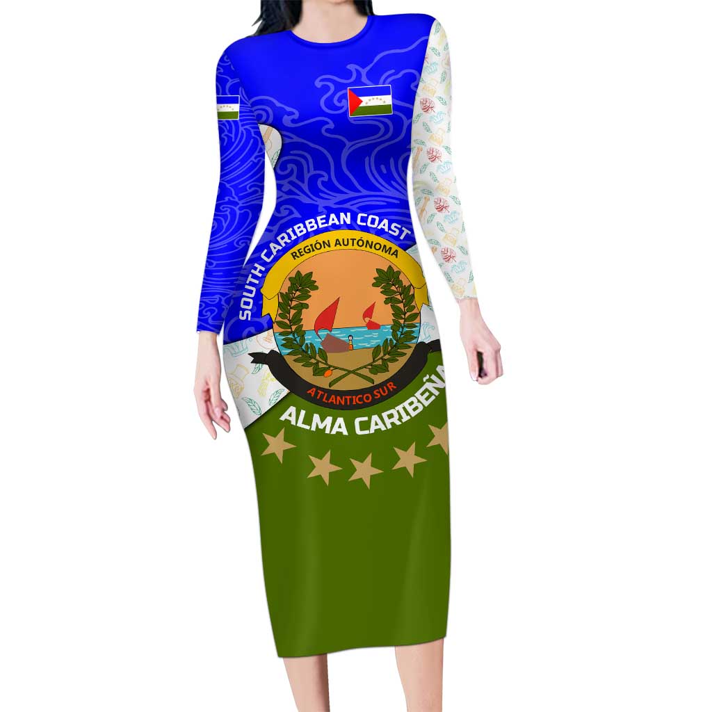 Nicaragua South Caribbean Coast Long Sleeve Bodycon Dress with Regional Seal and Ocean Shell Pattern Alma Caribeña Design - Wonder Print Shop