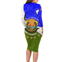 Nicaragua South Caribbean Coast Long Sleeve Bodycon Dress with Regional Seal and Ocean Shell Pattern Alma Caribeña Design - Wonder Print Shop