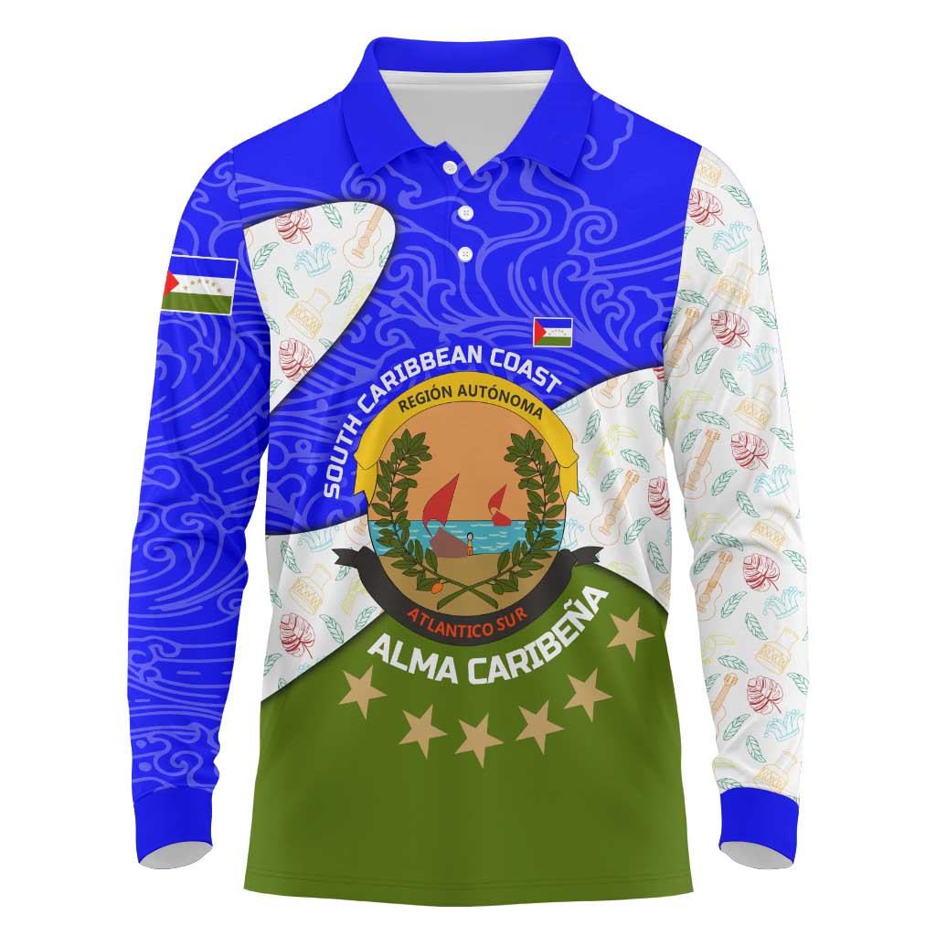 Nicaragua South Caribbean Coast Long Sleeve Polo Shirt with Regional Seal and Ocean Shell Pattern Alma Caribeña Design - Wonder Print Shop