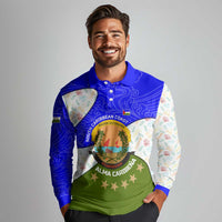 Nicaragua South Caribbean Coast Long Sleeve Polo Shirt with Regional Seal and Ocean Shell Pattern Alma Caribeña Design - Wonder Print Shop