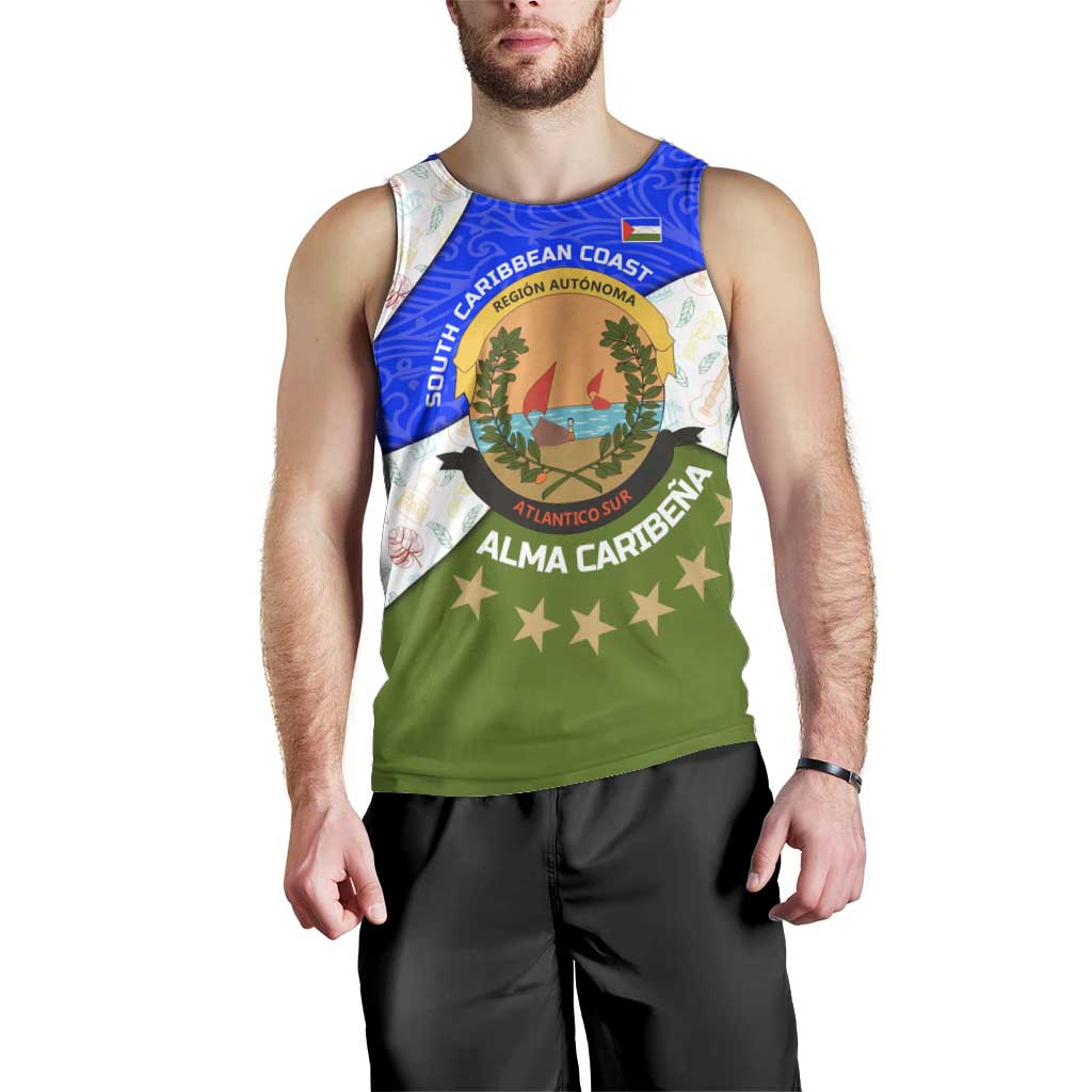 Nicaragua South Caribbean Coast Men Tank Top with Regional Seal and Ocean Shell Pattern Alma Caribeña Design - Wonder Print Shop