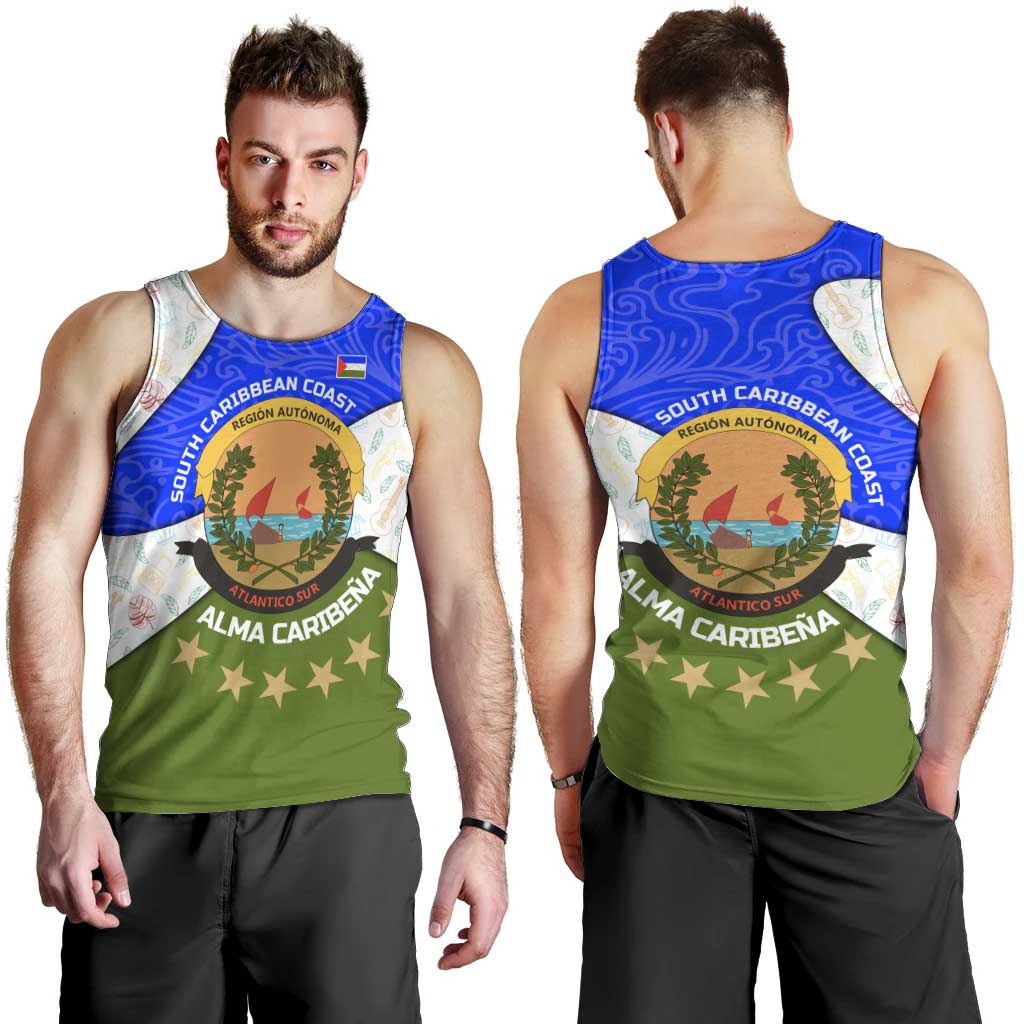 Nicaragua South Caribbean Coast Men Tank Top with Regional Seal and Ocean Shell Pattern Alma Caribeña Design - Wonder Print Shop