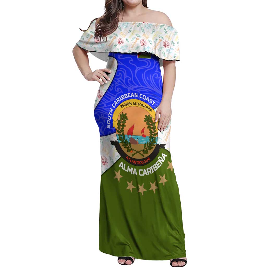 Nicaragua South Caribbean Coast Off Shoulder Maxi Dress with Regional Seal and Ocean Shell Pattern Alma Caribeña Design - Wonder Print Shop