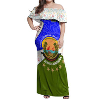 Nicaragua South Caribbean Coast Off Shoulder Maxi Dress with Regional Seal and Ocean Shell Pattern Alma Caribeña Design - Wonder Print Shop