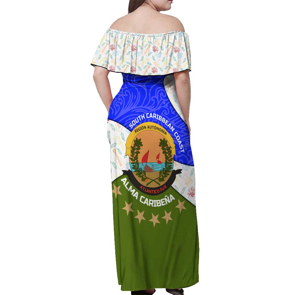 Nicaragua South Caribbean Coast Off Shoulder Maxi Dress with Regional Seal and Ocean Shell Pattern Alma Caribeña Design - Wonder Print Shop