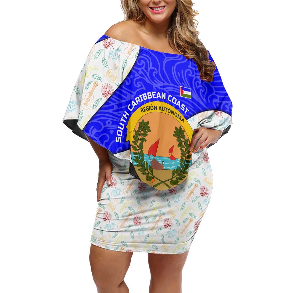Nicaragua South Caribbean Coast Off Shoulder Short Dress with Regional Seal and Ocean Shell Pattern Alma Caribeña Design - Wonder Print Shop