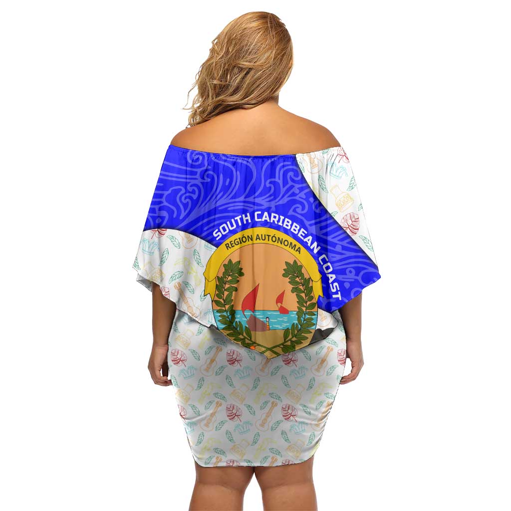 Nicaragua South Caribbean Coast Off Shoulder Short Dress with Regional Seal and Ocean Shell Pattern Alma Caribeña Design - Wonder Print Shop