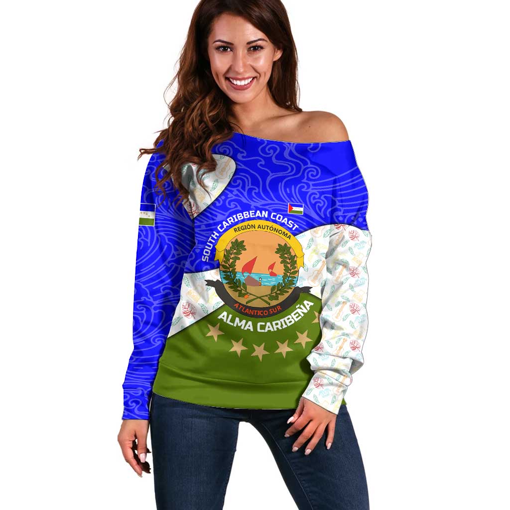 Nicaragua South Caribbean Coast Off Shoulder Sweater with Regional Seal and Ocean Shell Pattern Alma Caribeña Design - Wonder Print Shop