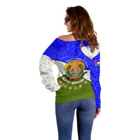 Nicaragua South Caribbean Coast Off Shoulder Sweater with Regional Seal and Ocean Shell Pattern Alma Caribeña Design - Wonder Print Shop