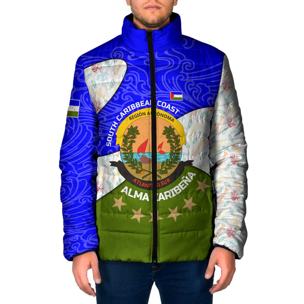 Nicaragua South Caribbean Coast Padded Jacket with Regional Seal and Ocean Shell Pattern Alma Caribeña Design - Wonder Print Shop