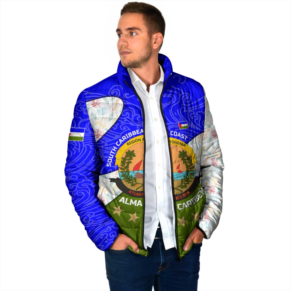 Nicaragua South Caribbean Coast Padded Jacket with Regional Seal and Ocean Shell Pattern Alma Caribeña Design - Wonder Print Shop