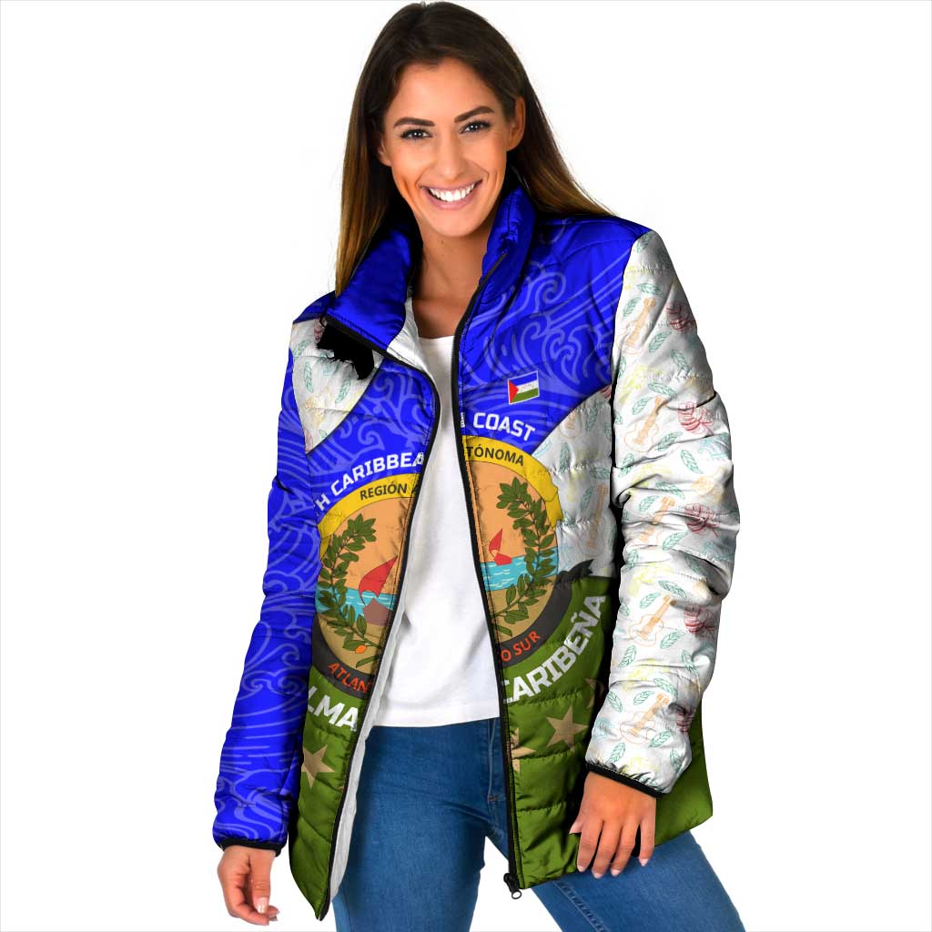 Nicaragua South Caribbean Coast Padded Jacket with Regional Seal and Ocean Shell Pattern Alma Caribeña Design - Wonder Print Shop