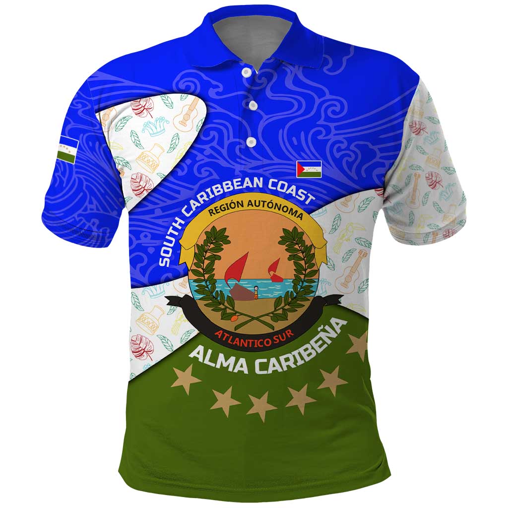 Nicaragua South Caribbean Coast Polo Shirt with Regional Seal and Ocean Shell Pattern Alma Caribeña Design - Wonder Print Shop