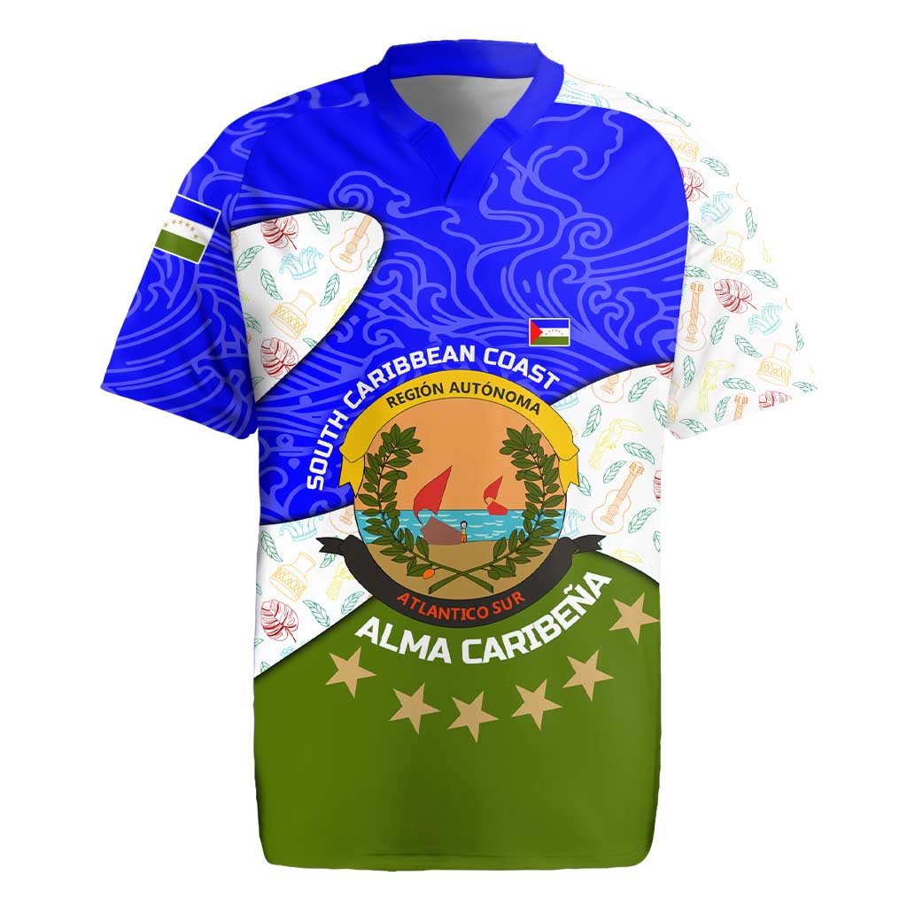Nicaragua South Caribbean Coast Rugby Jersey with Regional Seal and Ocean Shell Pattern Alma Caribeña Design - Wonder Print Shop