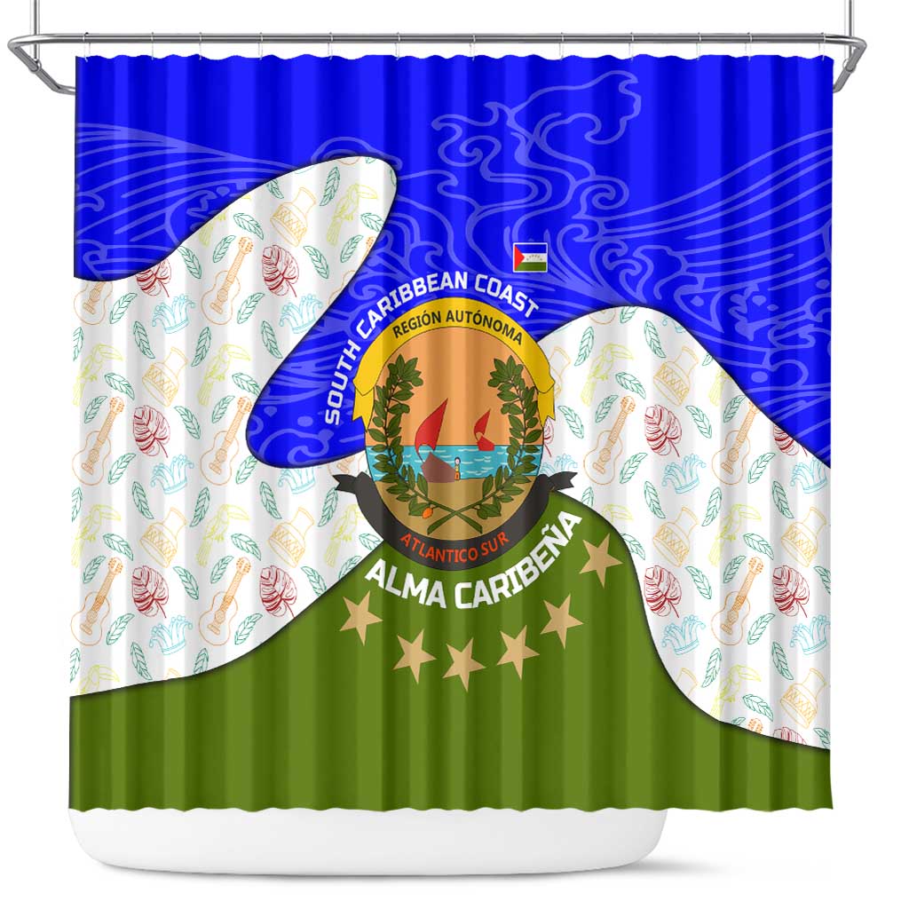Nicaragua South Caribbean Coast Shower Curtain with Regional Seal and Ocean Shell Pattern Alma Caribeña Design - Wonder Print Shop