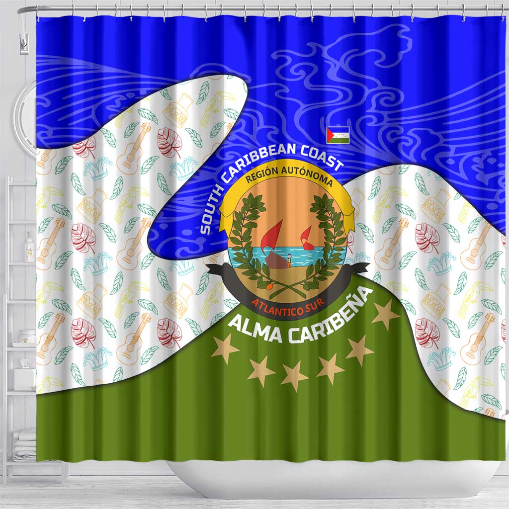 Nicaragua South Caribbean Coast Shower Curtain with Regional Seal and Ocean Shell Pattern Alma Caribeña Design - Wonder Print Shop