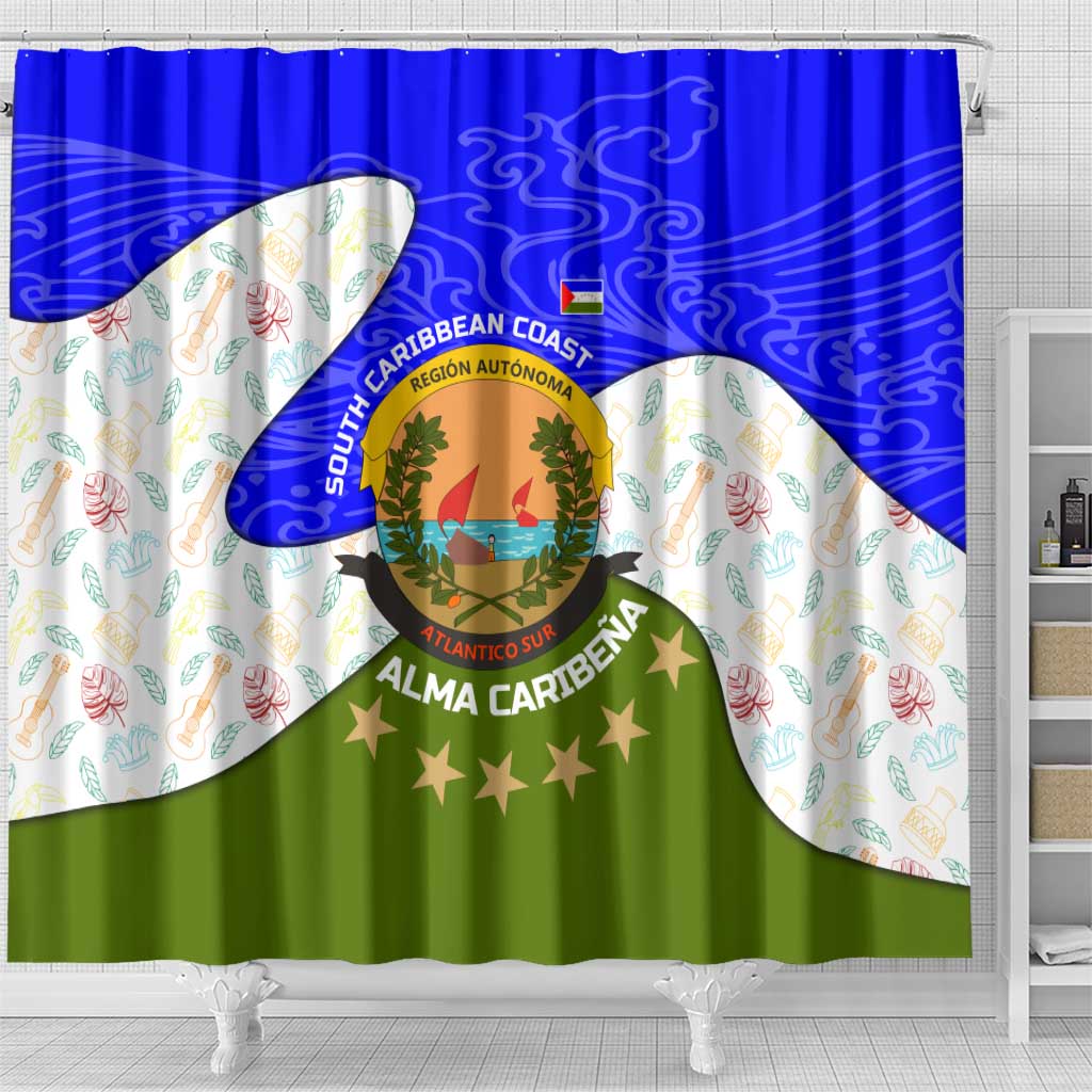 Nicaragua South Caribbean Coast Shower Curtain with Regional Seal and Ocean Shell Pattern Alma Caribeña Design - Wonder Print Shop