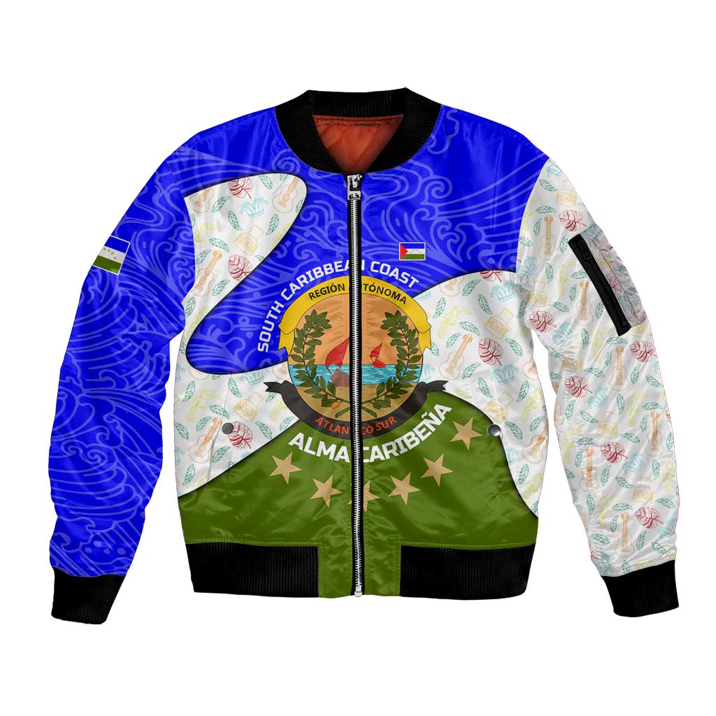 Nicaragua South Caribbean Coast Sleeve Zip Bomber Jacket with Regional Seal and Ocean Shell Pattern Alma Caribeña Design - Wonder Print Shop