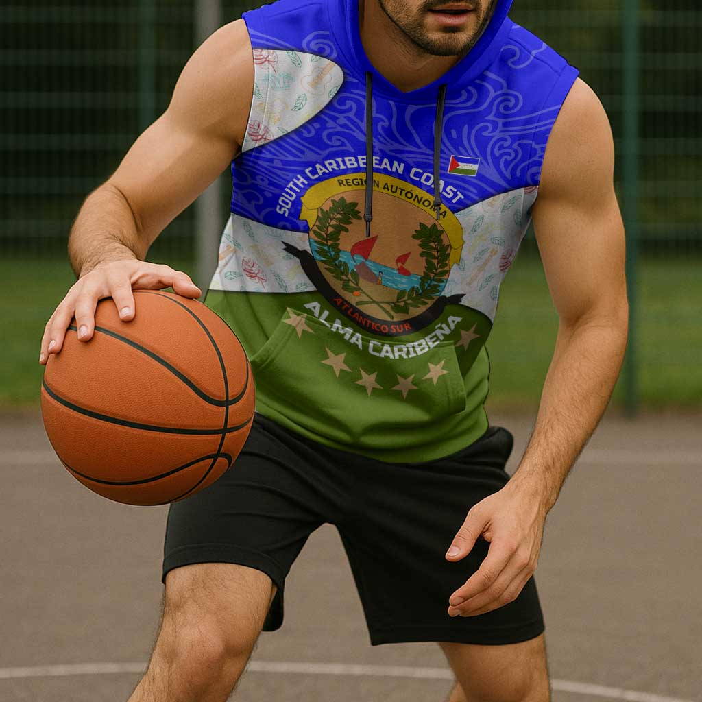 Nicaragua South Caribbean Coast Sleeveless Hoodie with Regional Seal and Ocean Shell Pattern Alma Caribeña Design - Wonder Print Shop