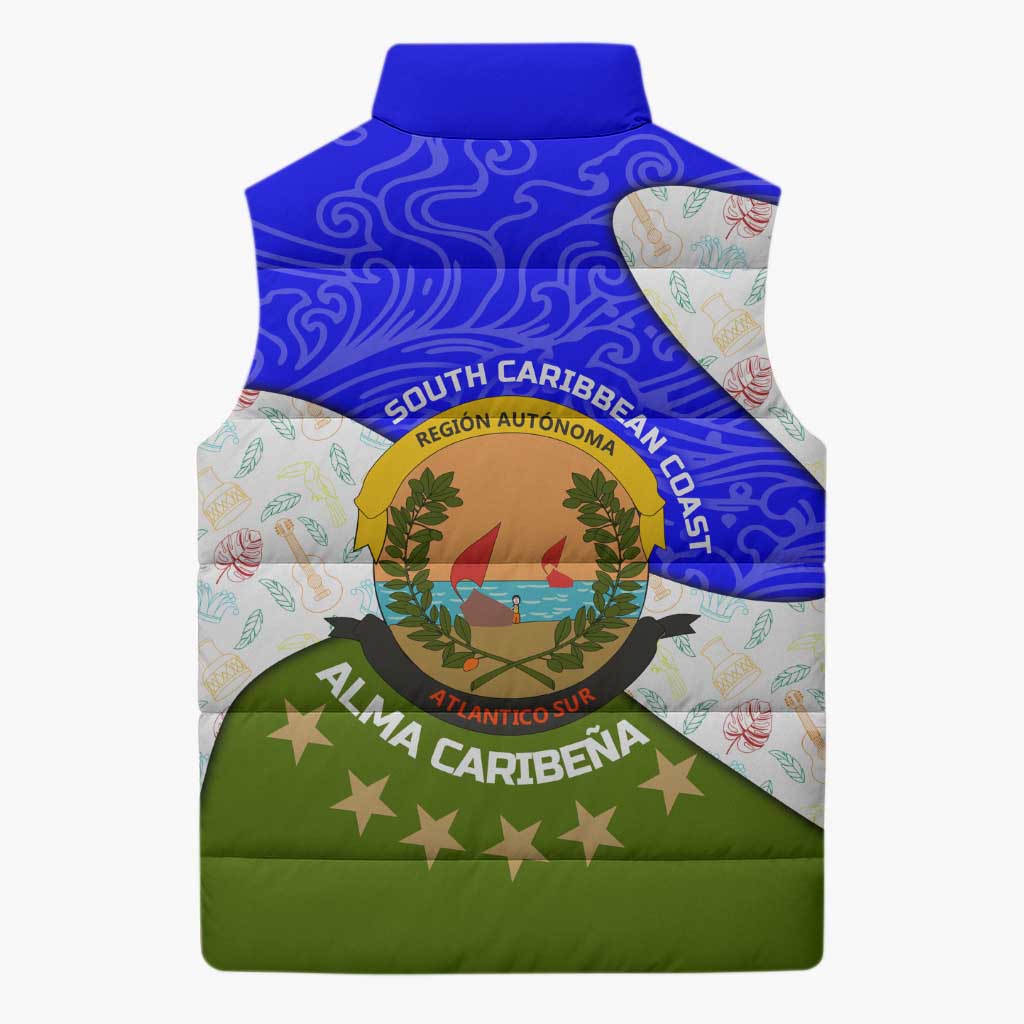 Nicaragua South Caribbean Coast Sleeveless Puffer Jacket with Regional Seal and Ocean Shell Pattern Alma Caribeña Design - Wonder Print Shop