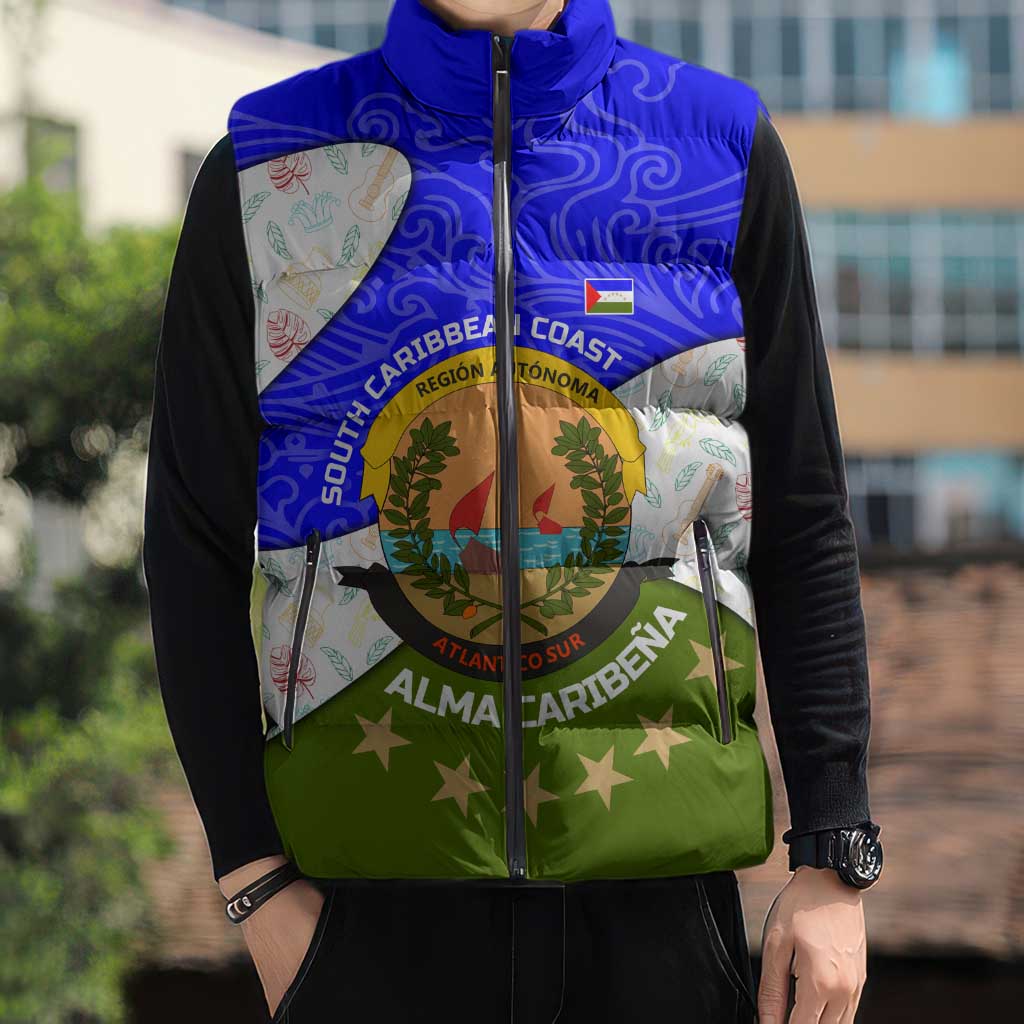Nicaragua South Caribbean Coast Sleeveless Puffer Jacket with Regional Seal and Ocean Shell Pattern Alma Caribeña Design - Wonder Print Shop