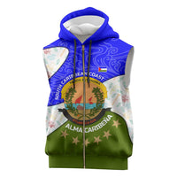 Nicaragua South Caribbean Coast Sleeveless Zip Hoodie with Regional Seal and Ocean Shell Pattern Alma Caribeña Design - Wonder Print Shop