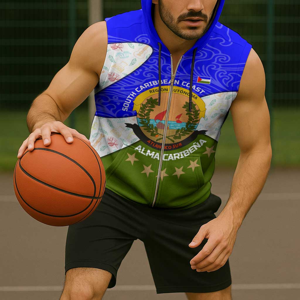 Nicaragua South Caribbean Coast Sleeveless Zip Hoodie with Regional Seal and Ocean Shell Pattern Alma Caribeña Design - Wonder Print Shop