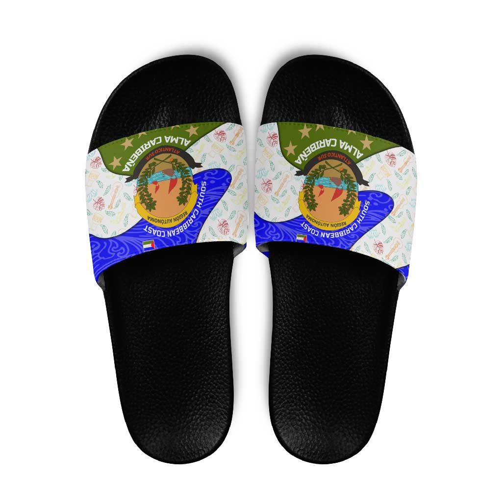 Nicaragua South Caribbean Coast Slide Sandals with Regional Seal and Ocean Shell Pattern Alma Caribeña Design - Wonder Print Shop