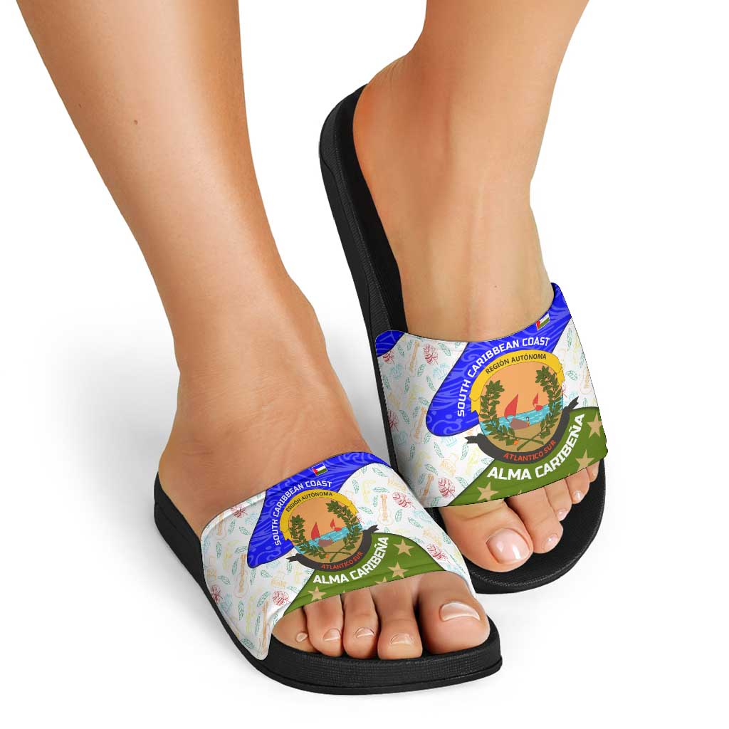 Nicaragua South Caribbean Coast Slide Sandals with Regional Seal and Ocean Shell Pattern Alma Caribeña Design - Wonder Print Shop